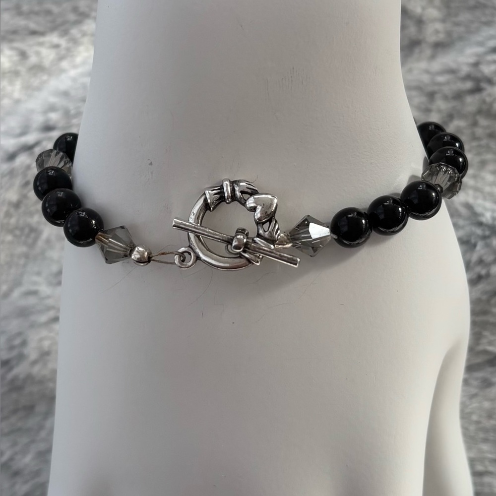 Black & Gray Silver Claddagh Beaded Bracelet